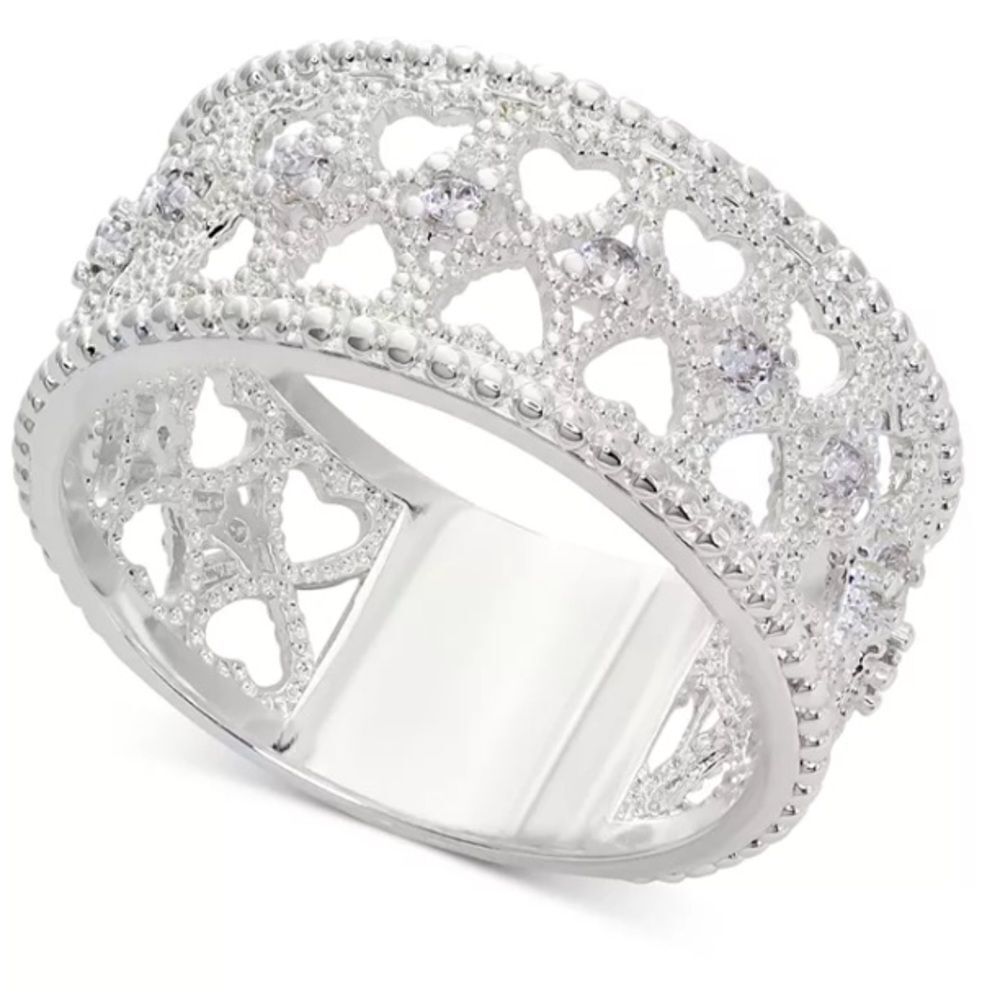 Charter Club Silver-Tone Pave Openwork Heart Ring Size 6 New in Box